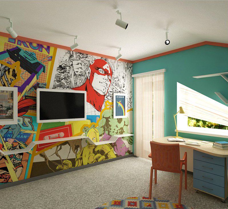 Comics room. Роспись стен в комнате подростка. Интерьер стен в детской. Комната в стиле комиксов. Стены в комнате подростка.